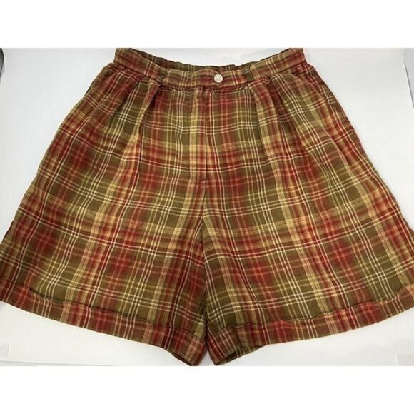 Women’s Ralph Lauren Linen Shorts Plaid Red Gold Tan‎ Linen Pleated 10 Petite - Picture 1 of 5
